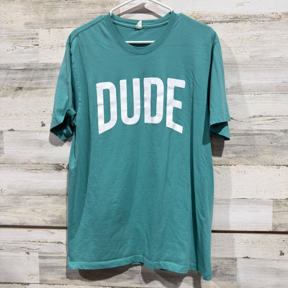 SoftShirts Graphic Tee Women Large Teal DUDE Print Skater EUC